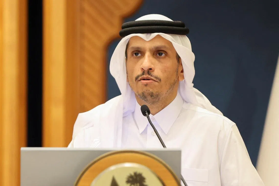 FILE PHOTO: Qatar's Prime Minister and Foreign Minister Sheikh Mohammed Bin Abdulrahman al-Thani speaks at a joint press conference with the U.S. secretary of state in Doha, Qatar, June 12, 2024. REUTERS/Ibraheem Al Omari/Pool/ File Photo