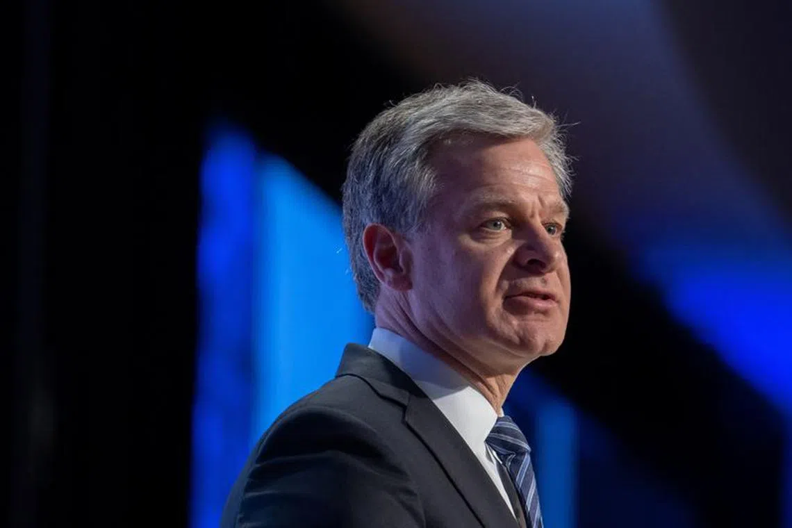 Federal Bureau of Investigation (FBI) Director Christopher Wray speaks during the Anti-Defamation League's \"Never is Now\" summit at the Jacob Javits Convention Center in Manhattan in New York City, New York, U.S., November 10, 2022. REUTERS/Jeenah Moon