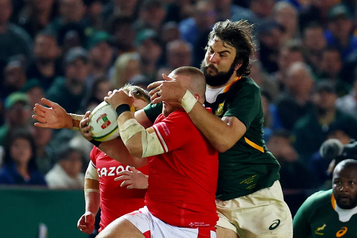 Rugby Union - First Test - South Africa v Wales - Loftus Versfeld, Pretoria, South Africa - July 2, 2022 South Africa's Lood de Jager in action with Wales's Dillon Lewis REUTERS/Siphiwe Sibeko