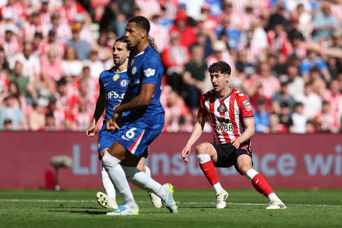 Soccer Football - Premier League - Sunderland v Chelsea - Stadium of Light, Sunderland, Britain - May 24, 2026 Sunderland's Trai Hume scores their first goal REUTERS/Scott Heppell