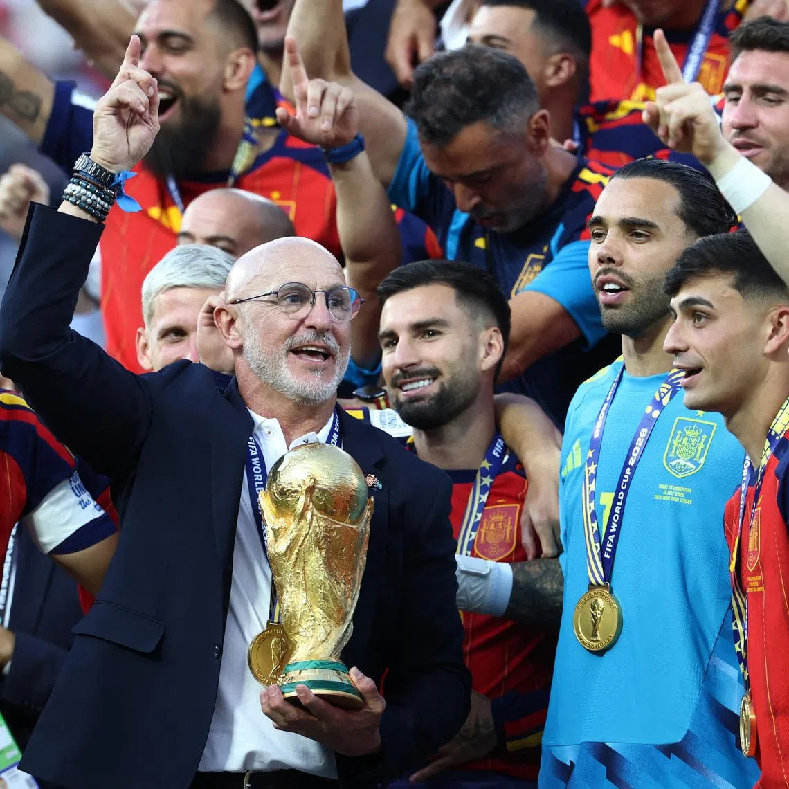 The Spanish national team celebrating after beating Argentina to win the World Cup on July 19.