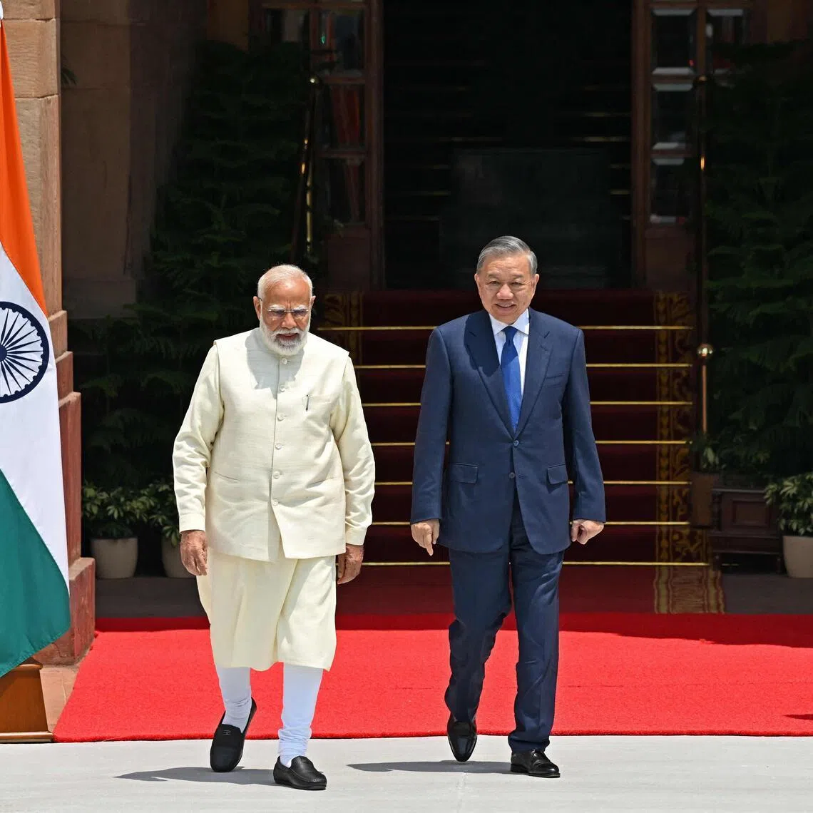 India's Prime Minister Narendra Modi (L) and Vietnam's President To Lam attended a ceremonial reception at the presidential palace in New Delhi ahead of bilateral talks.
