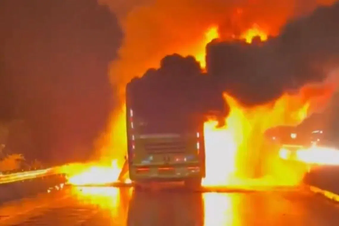 A screengrab from a video circulating on the internet shows the bus on fire. 