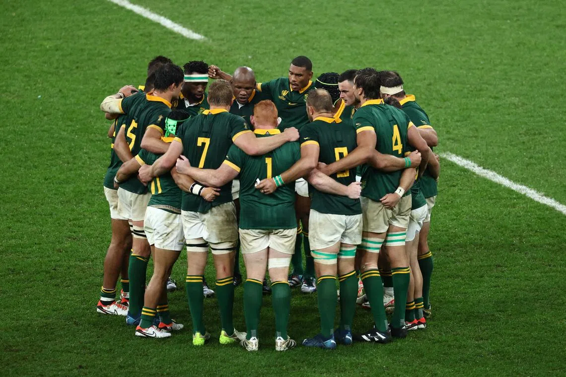 FILE PHOTO: Rugby Union - Rugby World Cup 2023 - Semi Final - England v South Africa - Stade de France, Saint-Denis, France - October 21, 2023 South Africa team huddle ahead of the second half REUTERS/Stephanie Lecocq/File Photo