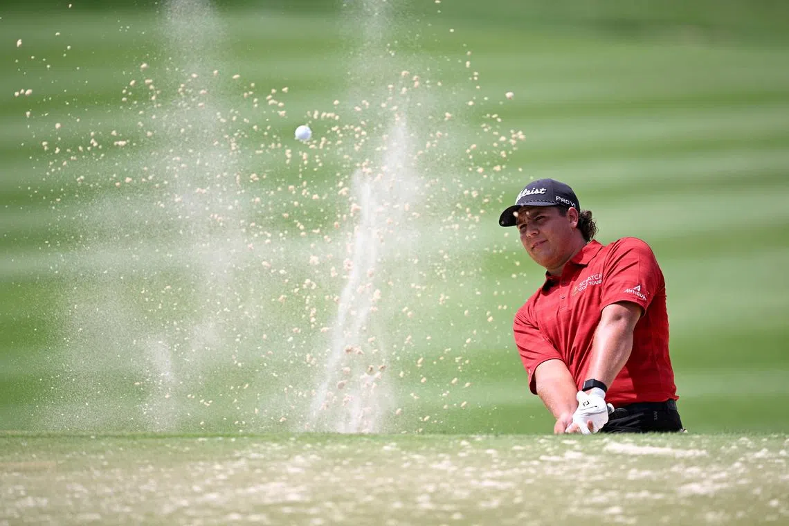 Leader Aldrich Potgieter of South Africa playing a shot from a bunker on the 18th hole during the second round of the Mexico Open at VidantaWorld 2025 at Vidanta Vallarta on Feb 21 in Puerto Vallarta.