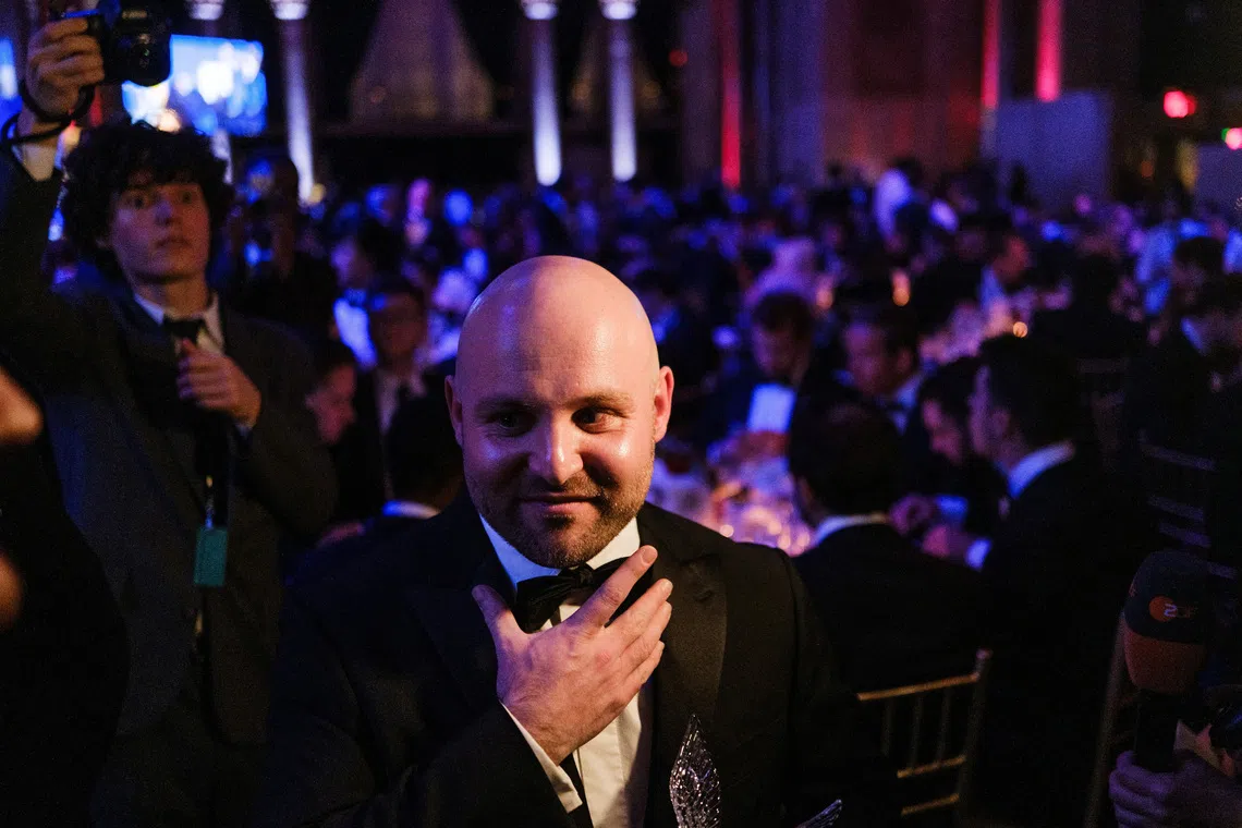 Markus Frohnmaier, a German politician from Alternative for Germany, speaks to the press at the New York Young Republican Club's Annual Gala at Cipriani Wall Street in New York City, U.S., December 13, 2025. REUTERS/Stephen Yang