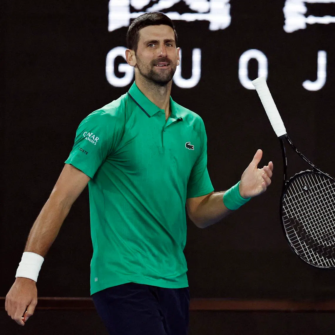 Tennis - Australian Open - Melbourne Park, Melbourne, Australia - February 1, 2026 Serbia's Novak Djokovic reacts during the men's singles final against Spain's Carlos Alcaraz REUTERS/Tingshu Wang