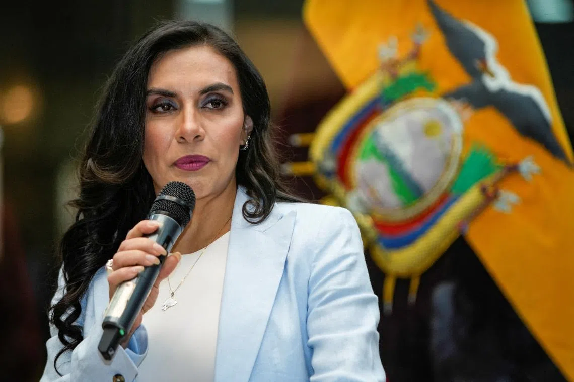 FILE PHOTO: Ecuador's Vice President Veronica Abad speaks during a press conference in Quito, Ecuador November 28, 2023. REUTERS/Cristina Vega/File Photo