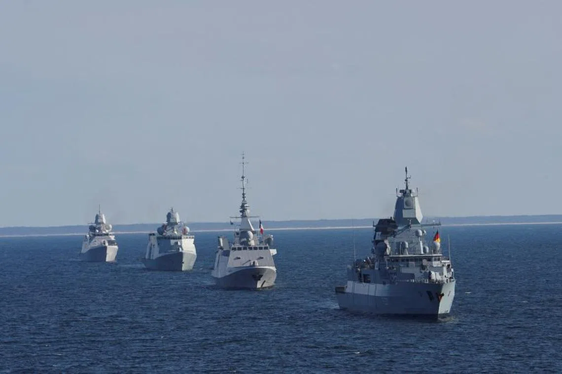FILE PHOTO: Navy ships sail during the Northern Coasts 2023 exercise in the Baltic Sea, September 18, 2023. REUTERS/Janis Laizans/File Photo