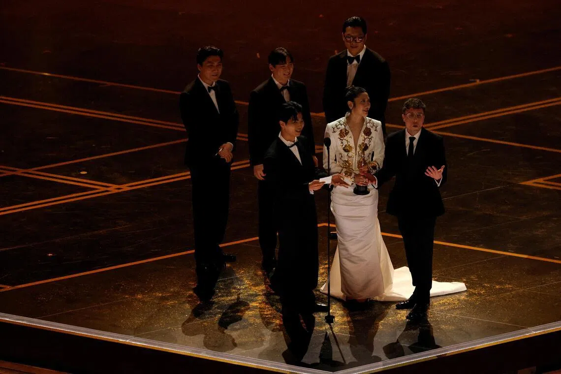 The lights go out as the winners for Best Original Song for Golden from KPop Demon Hunters try to speak during the Oscars show at the 98th Academy Awards on March 15. 