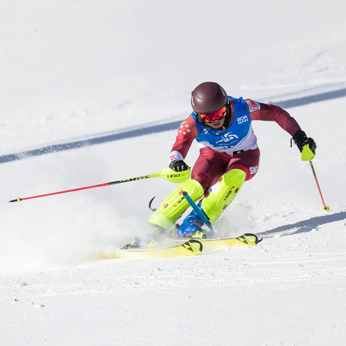2025 Asian Winter Games - Alpine Skiing - Men's Slalom - Run 1 - Alpine Skiing Slalom Stadium, Harbin, China - 20250209 Singapore’s BASHA Faiz in action. Mandatory Credit: SNOC/ Andy Chua