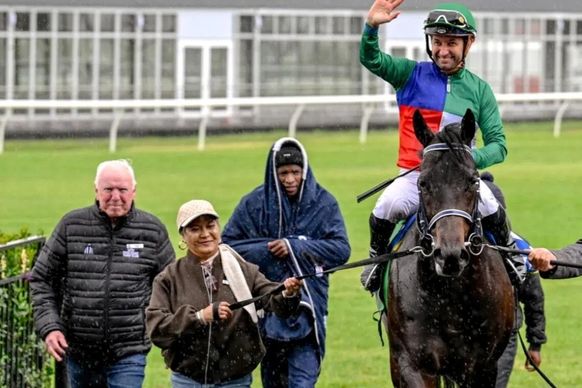 Trainer Greg Ennion (left) and jockey Corne Orffer have combined to many successes on the South African racing scene, such as this win by Tag And Release in a Maiden Juvenile Plate at Kenilworth on April 18. They hold a strong chance for another visit to the winner's enclosure with Roman Beauty in the Singapore Pools Trophy Maiden Juvenile Plate (1,000m) at Kenilworth on May 16.