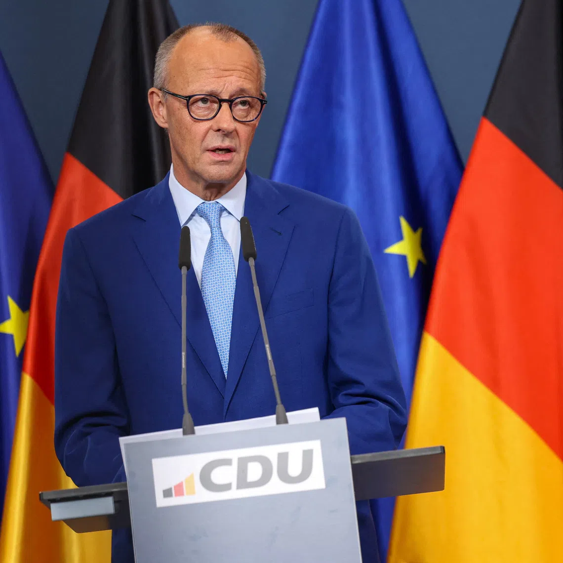 German Chancellor Friedrich Merz gives a statement after first exit polls of the Berlin and Mecklenburg Western Pomerania state elections, at the CDU headquarters in Berlin, Germany, September 20, 2026. REUTERS/Christian Mang