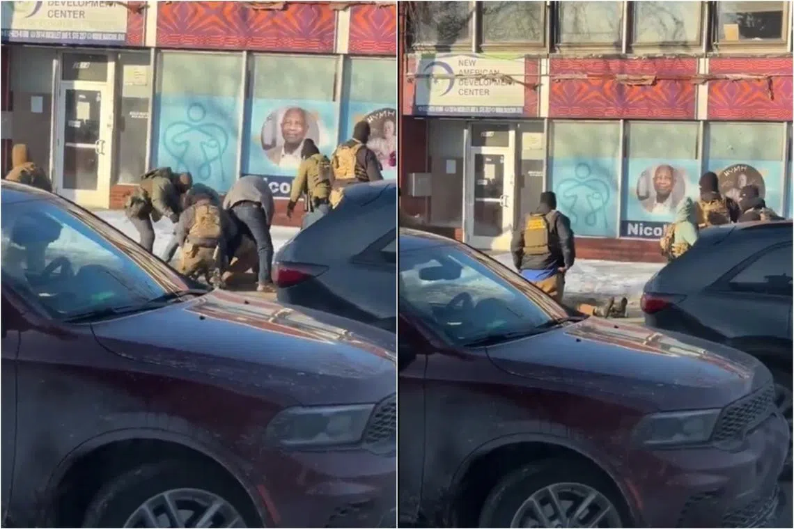 In an unconfirmed video circulating online, masked men hold a person on the ground before scattering as shots are heard.