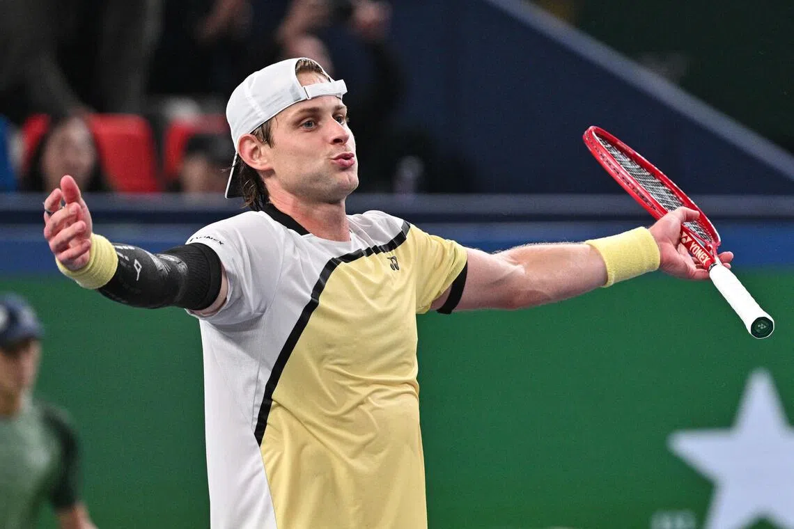 Belgium’s Zizou Bergs celebrating after beating Spainiard Carlos Alcaraz in the Shanghai Masters third round on Oct 12.