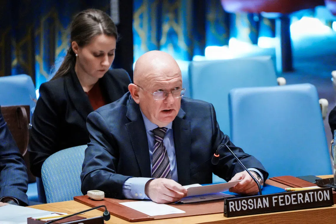 FILE PHOTO: The Russia Federation's Ambassador to the United Nations Vassily Nebenzia, addresses members of the U.N. Security Council after casting his vote on a resolution that would permanently lift U.N. sanctions on Iran, at U.N. headquarters in New York City, U.S., September 19, 2025. REUTERS/Eduardo Munoz/File Photo