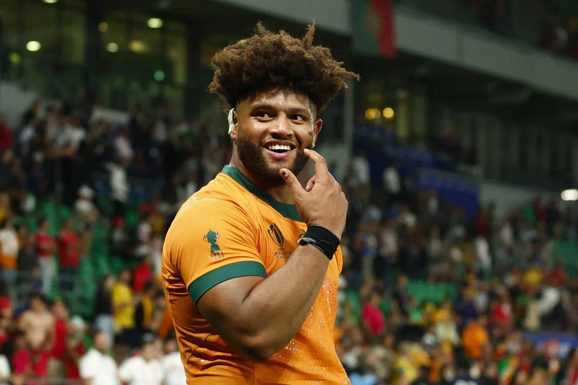 FILE PHOTO: Rugby Union - Rugby World Cup 2023 - Pool C - Australia v Portugal - Stade Geoffroy-Guichard, Saint-Etienne, France - October 1, 2023  Australia's Rob Valetini celebrates after the match REUTERS/Gonzalo Fuentes
