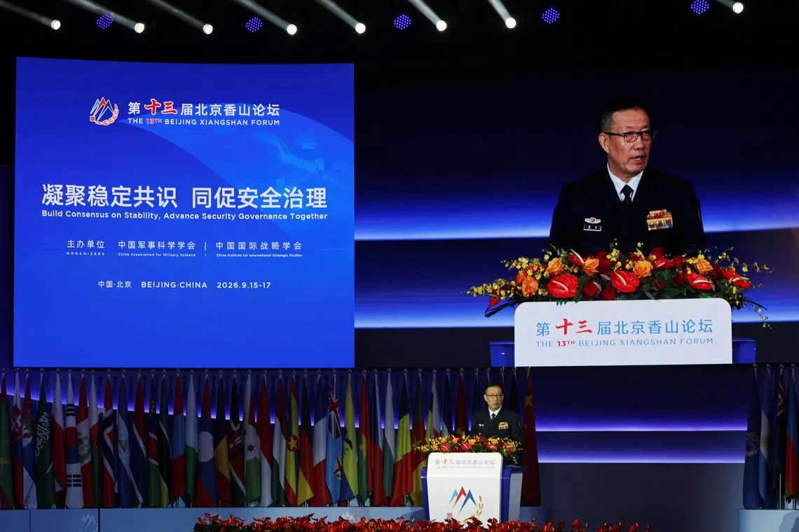 Chinese Defence Minister Dong Jun speaking at the Xiangshan Forum in Beijing on Sept 16.