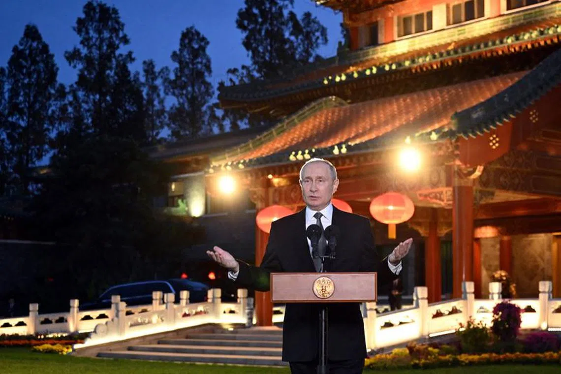 Russian President Vladimir Putin speaks during a press conference following the Belt and Road Forum in Beijing, China, October 18, 2023. Sputnik/Grigory Sysoyev/Pool via REUTERS