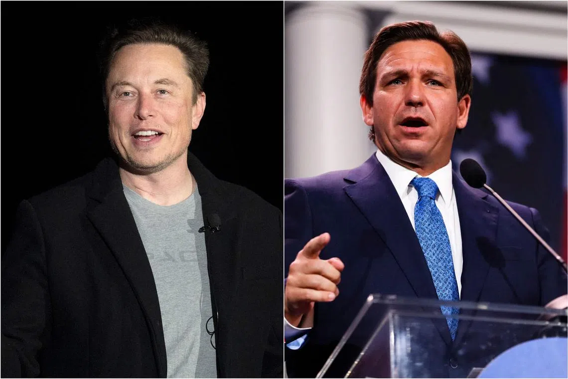 Mr Elon Musk (left) said in June he was leaning towards supporting Mr Ron DeSantis for president in 2024.