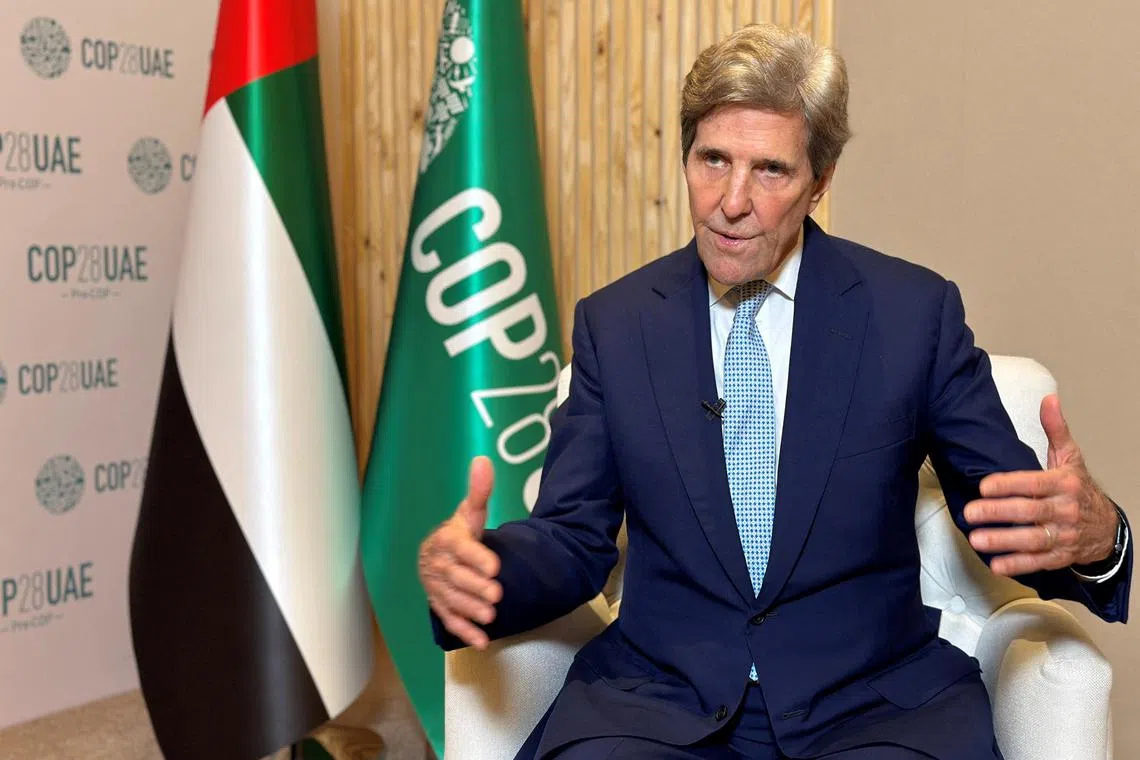 John Kerry, U.S. Special Presidential Envoy for Climate speaks during an interview with Reuters, in  Abu Dhabi, United Arab Emirates October 31, 2023. REUTERS/Abdel Hadi Ramahi
