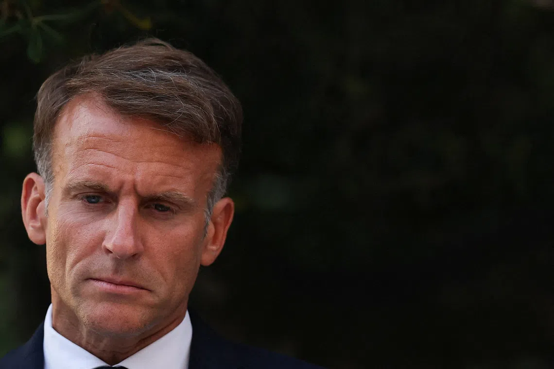 French President Emmanuel Macron looks on during a ceremony commemorating the 82nd anniversary of World War II's Operation Dragoon Allied landings in Provence and the liberation of the village of Bormes-les-Mimosas, southeastern France, August 17, 2026. REUTERS/Manon Cruz/Pool