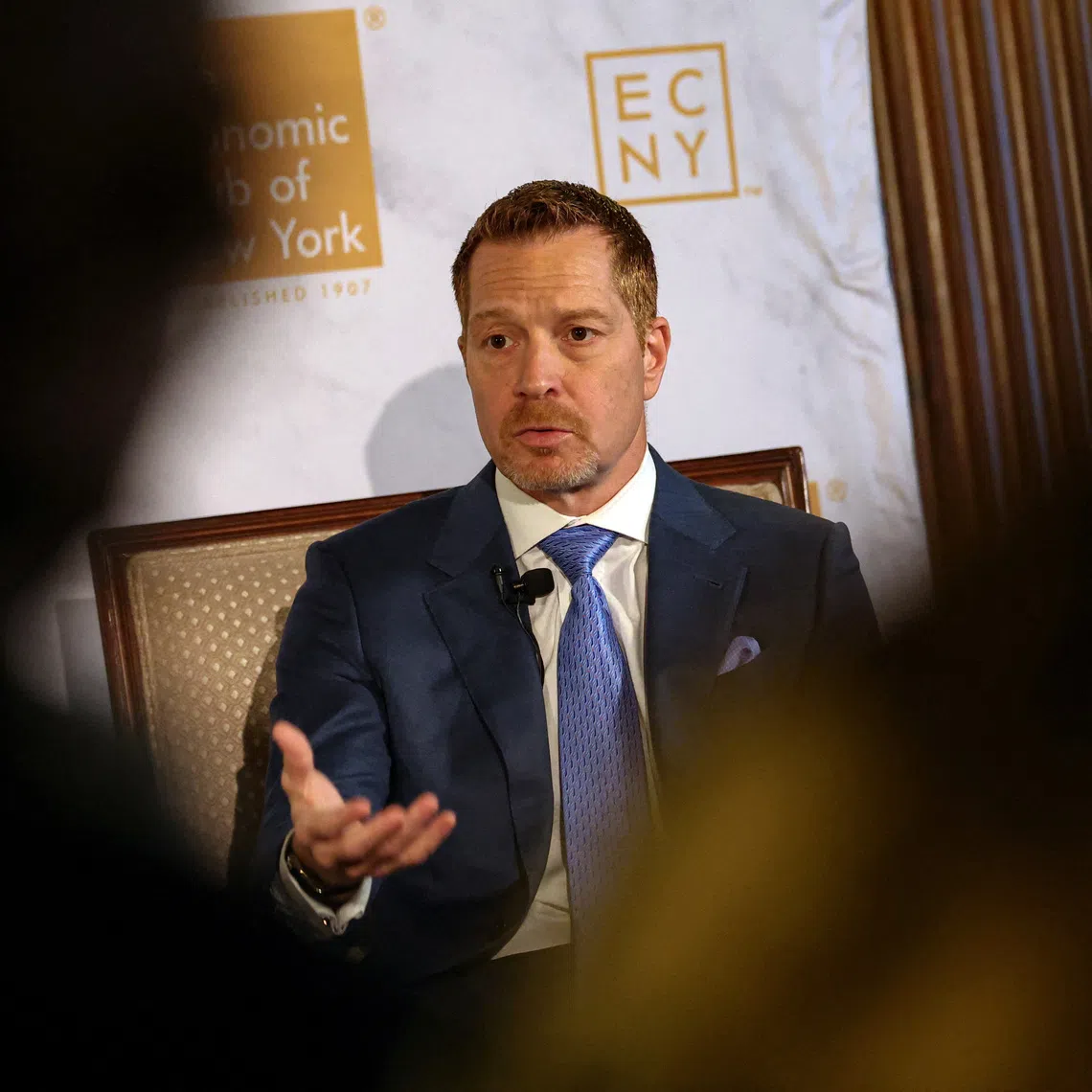 George Kurtz, CEO and founder of CrowdStrike, speaks to the Economic Club of New York in New York City, U.S., October 23, 2025.  REUTERS/Brendan McDermid