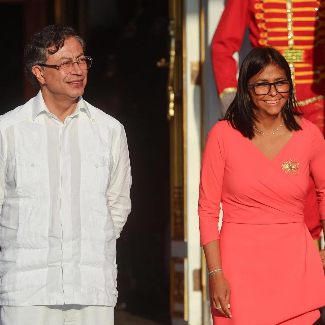 Colombian President Gustavo Petro (left) and Venezuelan Acting President Delcy Rodriguez posing for a picture after a bilateral meeting at the Miraflores Palace in Caracas, Venezuela on April 24, 2026. 