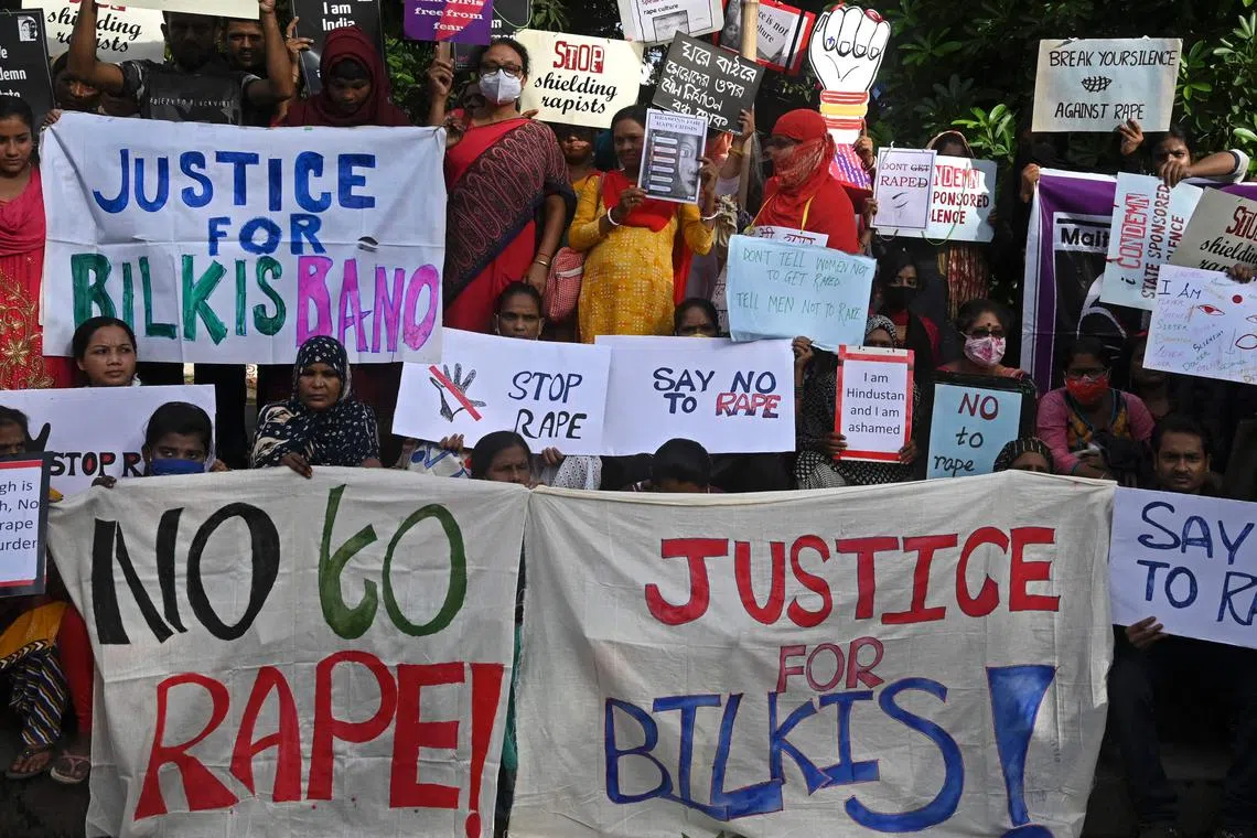 Social activists take part in a protest rally in support of Muslim woman Bilkis Bano, in Kolkata on Aug 24, 2022. An average of nearly 90 rapes were reported in India every day in 2022.