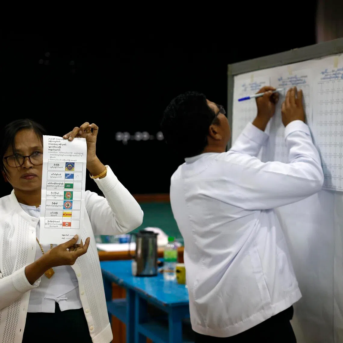 Myanmar electoral officers count early voting ballots after closing the first phase of the general election at a polling station in Naypyitaw, Myanmar, on Dec 28.