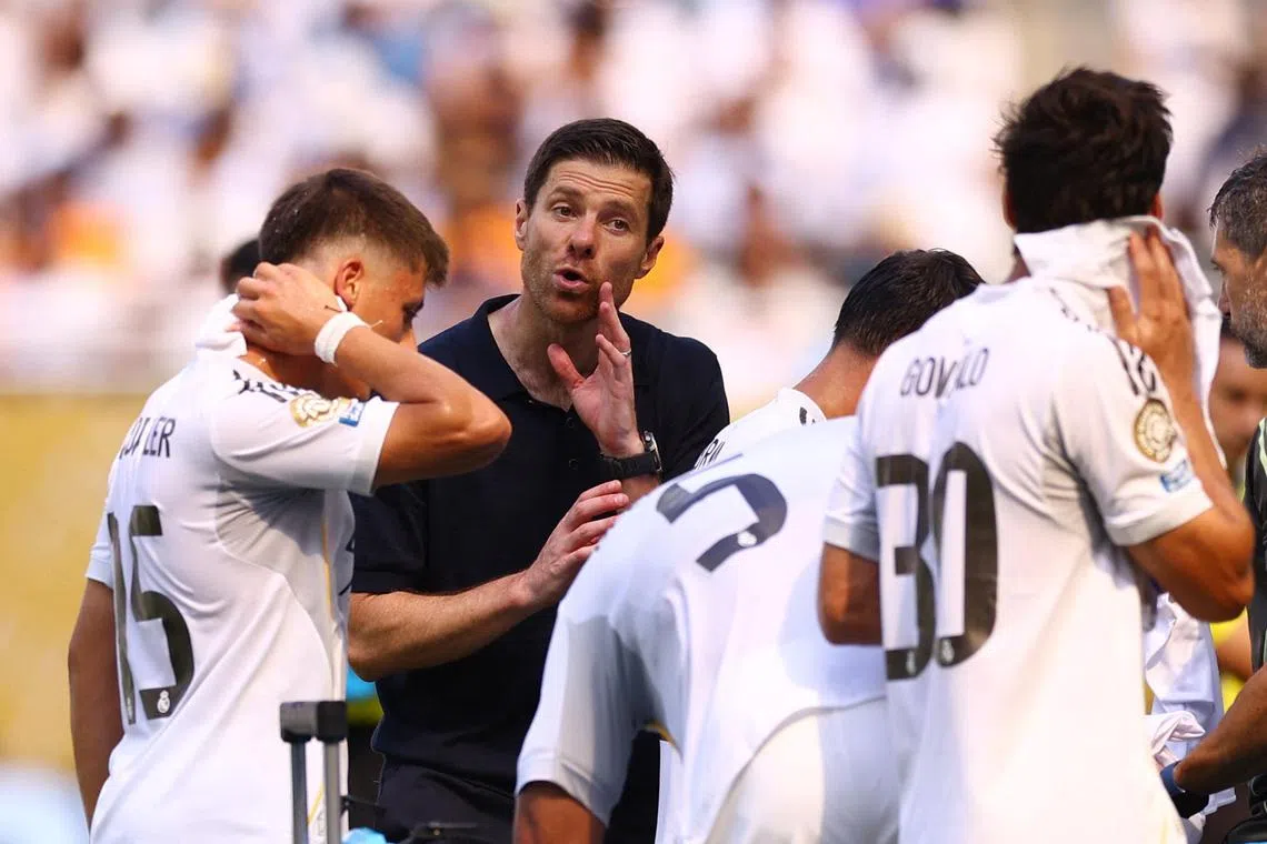 Real Madrid coach Xabi Alonso giving instructions to his team during a break in the 1-1 draw with Al Hilal in the Club World Cup on June 18.