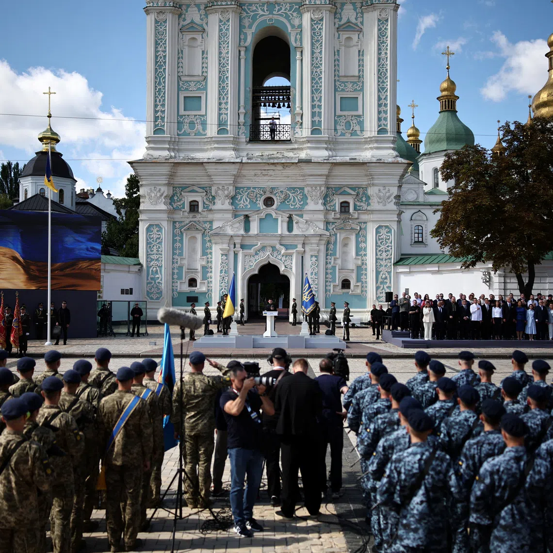 President Volodymyr Zelensky speaking at a commemorative ceremony marking Ukraine’s 35th Independence Day outside St. Sofia cathedral in Kyiv on Aug 24.