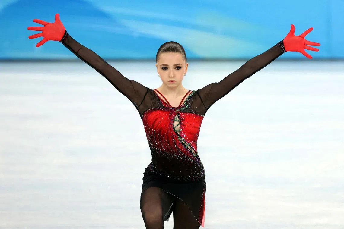 Kamila Valieva of the Russian Olympic Committee in action on Feb 17, 2022.