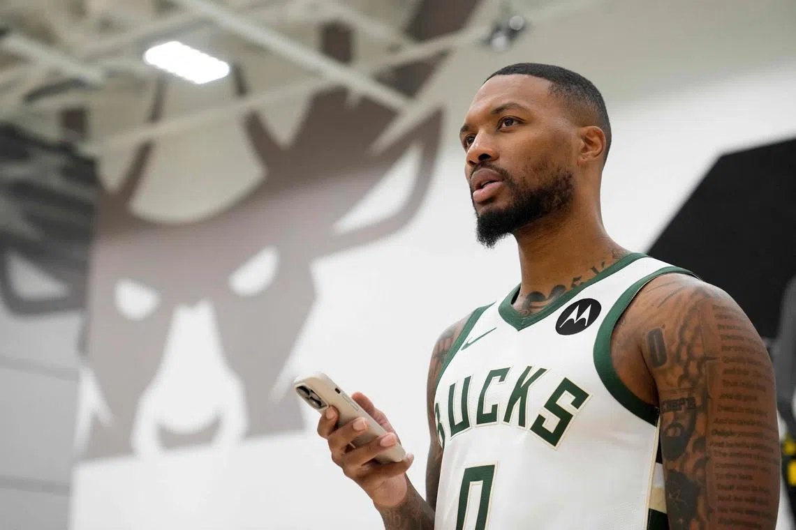 Damian Lillard of the Milwaukee Bucks speaks during media day in Milwaukee, Wisconsin. 