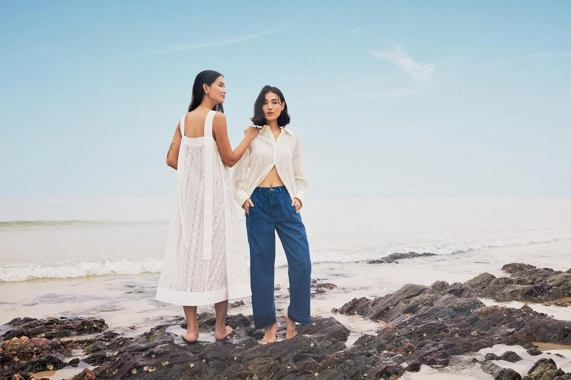 Love, Bonito's 2024 seasonal collection, featuring the Lace Trapeze Midaxi Dress (L), and Relaxed Lace Collared Shirt and Relaxed Denim Wide Leg Jeans (R).