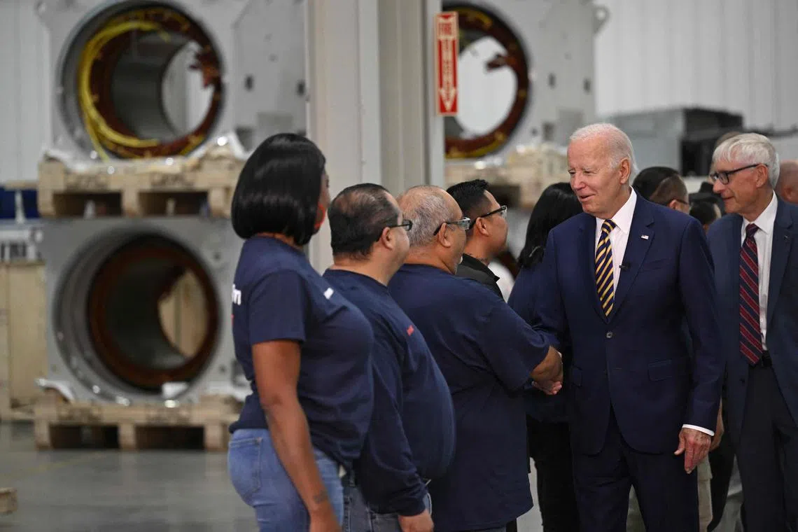 US President Joe Biden flew to the swing state of Wisconsin, to visit a factory overflowing with orders for wind turbines.