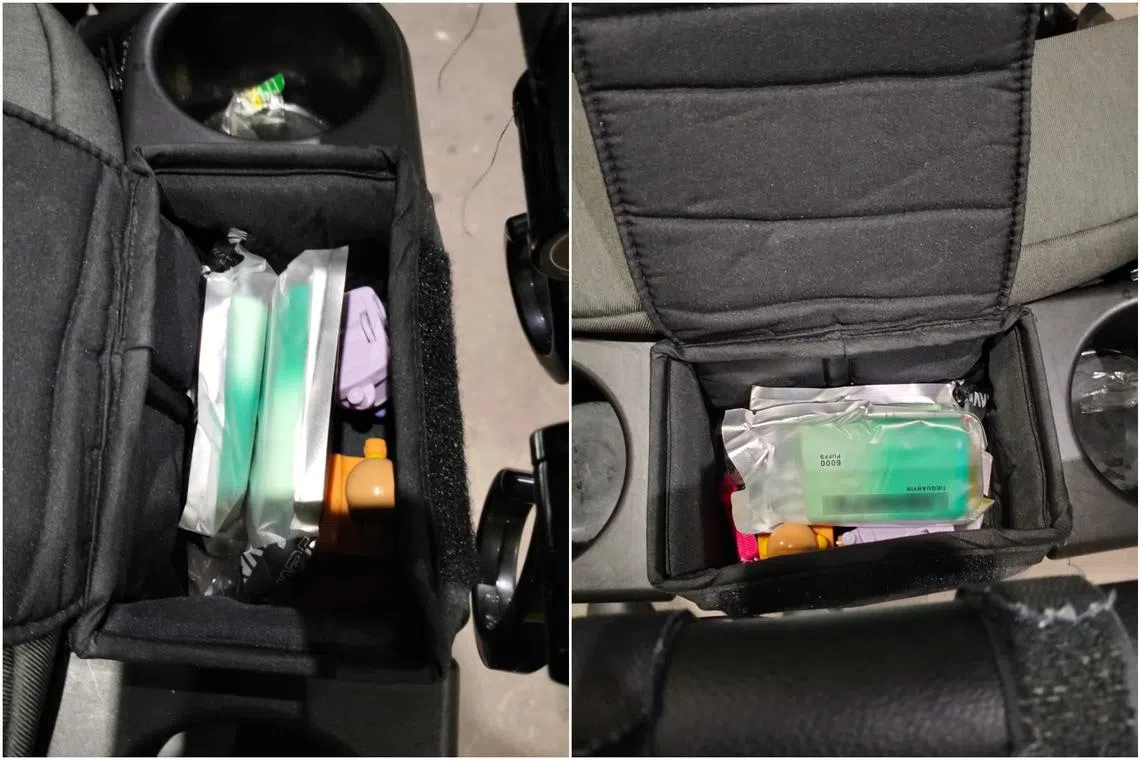 Officers found two vapes in the pocket compartment of a baby stroller in the boot of the car.
