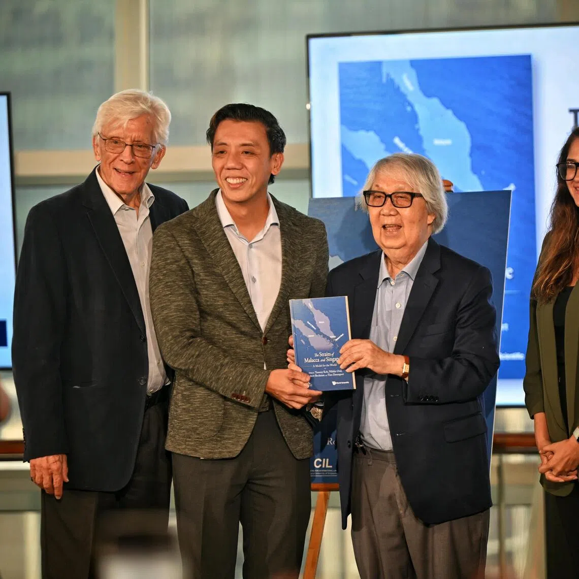 (From left) NUS law don Robert Beckman, Transport Minister Jeffrey Siow, and veteran diplomat Tommy Koh and NUS law professor Tara Davenport at the launch of The Straits Of Malacca And Singapore: A Model For The World.