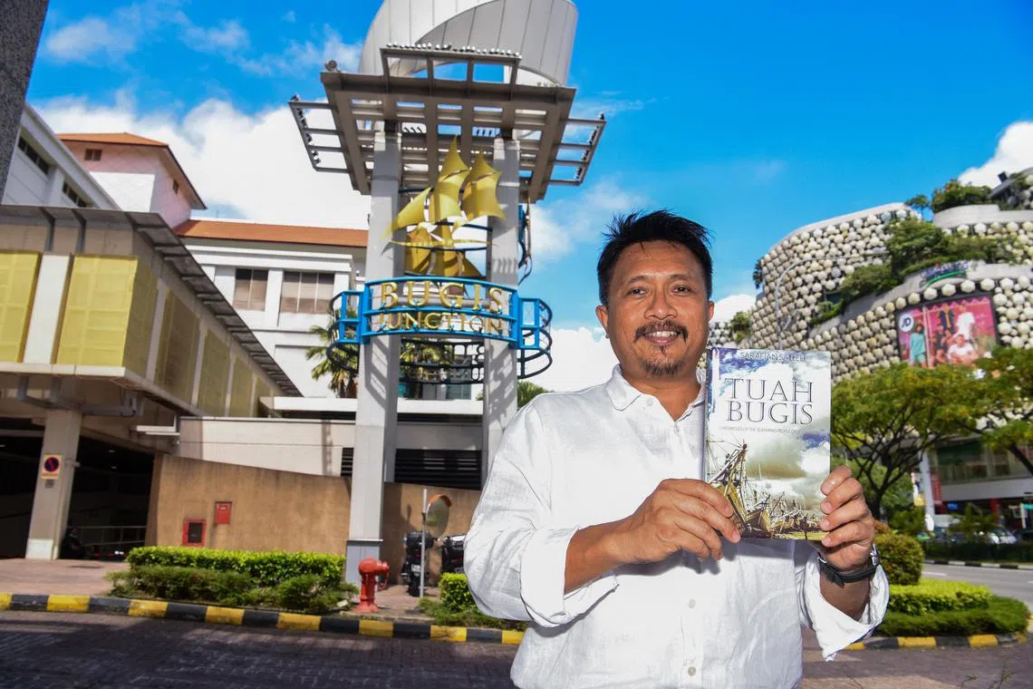 Mr Sarafian Salleh, 53, author of the book,  "Tuah Bugis - Chronicles of the Seafaring People of Singapore" at Bugis Junction on August 4, 2023. 

(ST PHOTO: EUGENE TAN)

Mr Sarafian Salleh, a 53 year old heritage researcher and engineering consultant, has written a new book titled "Tuah Bugis - Chronicles of the Seafaring People of Singapore", documenting the history and heritage of the Malay Bugis community here.  The Bugis people were seafarers from Sulawesi and many places are named after them, including Bugis Junction, Bugis Street and Bugis Village.  It took him 15 years to write the 270-page English book.  Currently the president of the Bugis Malay Society Singapore, he estimates there are about 4,000 Bugis people in Singapore.