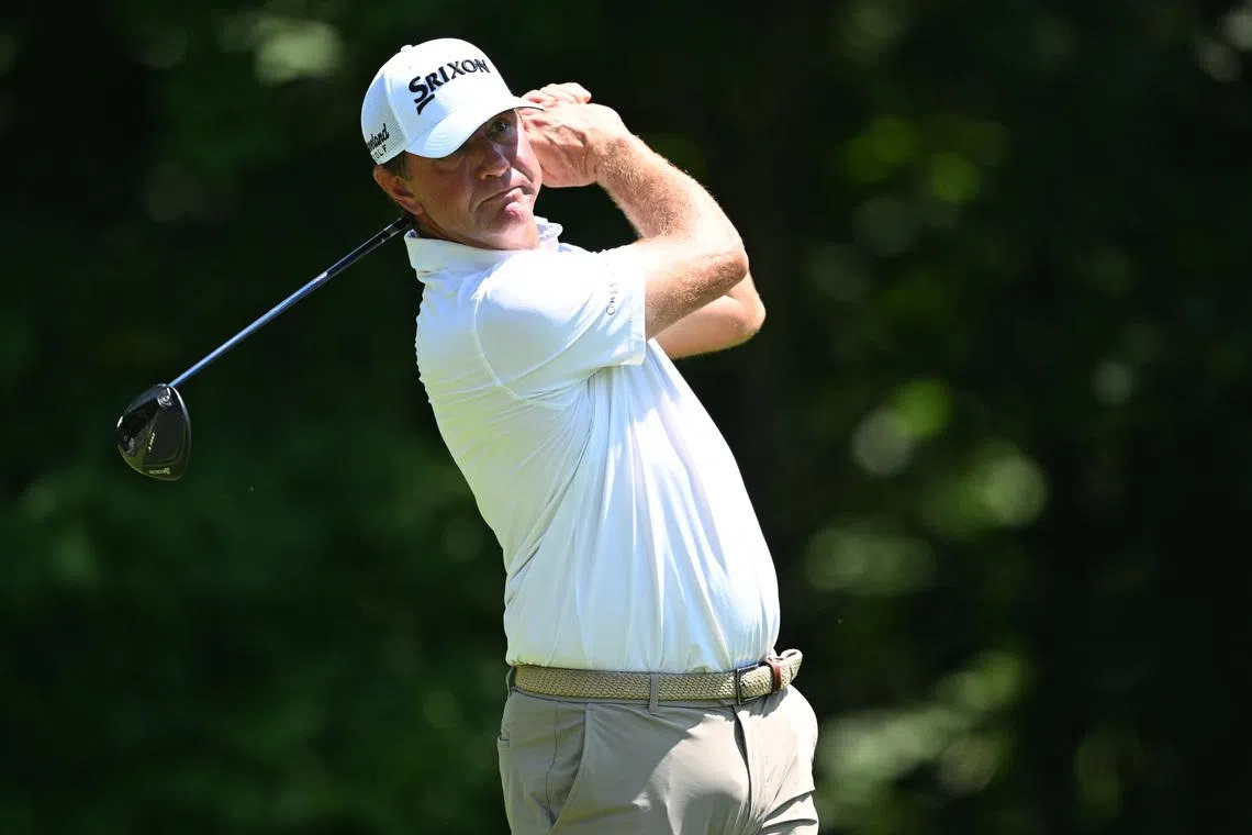 Jul 5, 2026; Silvis, Illinois, USA; Lucas Glover tees off on the 2nd hole during the final round of the John Deere Classic golf tournament. Mandatory Credit: Marc Lebryk-Imagn Images