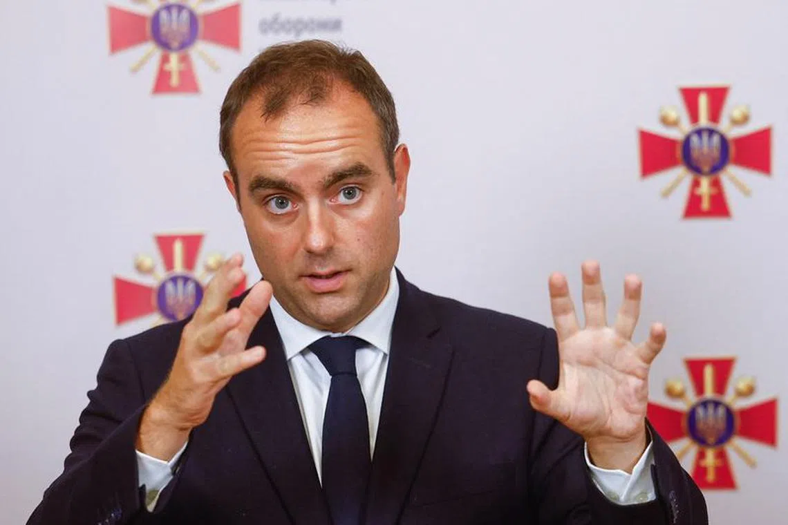 French Defence Minister Sebastien Lecornu speaks during a joint press briefing with his Ukrainian counterpart Rustem Umerov amid Russia's attack on Ukraine, in Kyiv, Ukraine September 28, 2023. REUTERS/Valentyn Ogirenko/File Photo