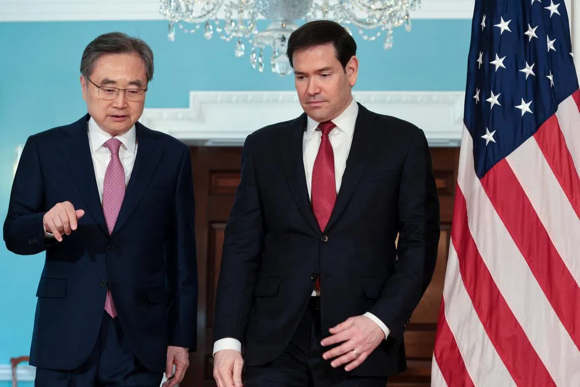 U.S. Secretary of State Marco Rubio and South Korean Foreign Minister Cho Hyun arrive for a photo before their meeting at the State Department in Washington, D.C., U.S., February 3, 2026. REUTERS/Jonathan Ernst