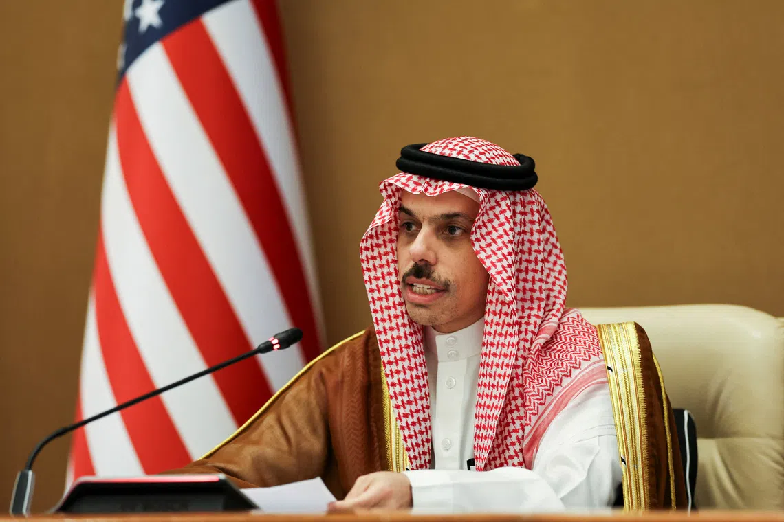 FILE PHOTO: Saudi Foreign Minister Prince Faisal bin Farhan Al Saud speaks during a press conference in Riyadh, Saudi Arabia, May 14, 2025. REUTERS/Hamad I Mohammed/ File Photo
