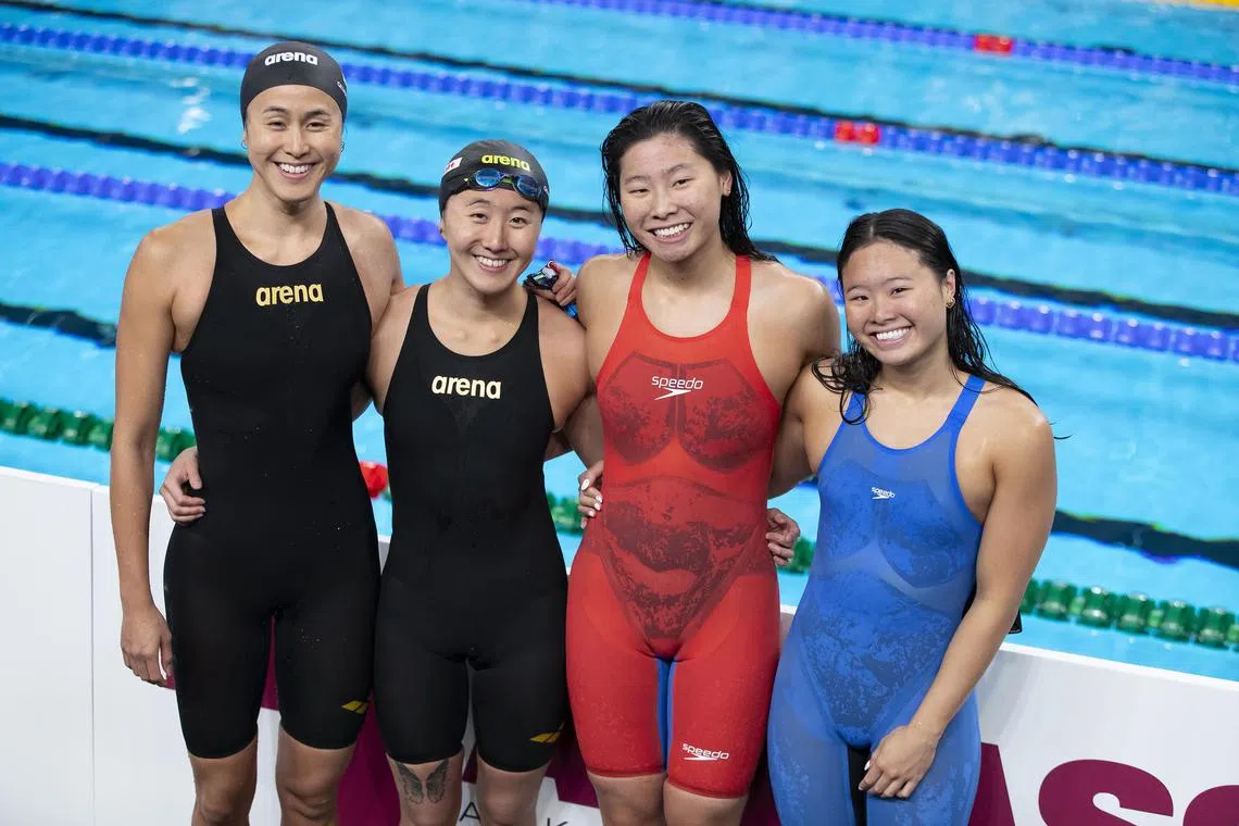 The Singapore women's 4x100m medley relay team set a national record of 4:02.88 at the World Aquatics Championships in Doha, Qatar on Feb 18. (from left) Quah Ting Wen, Quah Jing Wen, Letitia Sim, Levenia Sim.



Credit: World Aquatics