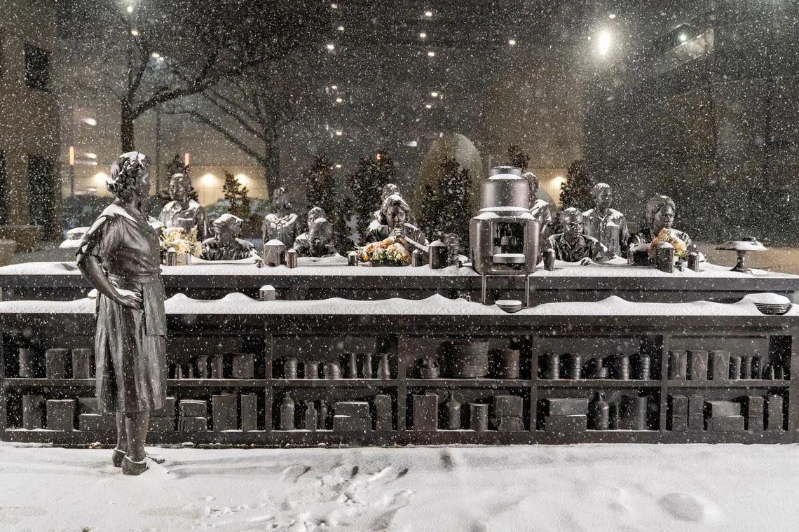 Snow falls over the Clara Luper National Sit-In Plaza as Winter Storm Fern arrives in Oklahoma City, Oklahoma, U.S. on Jan 24, 2026. 