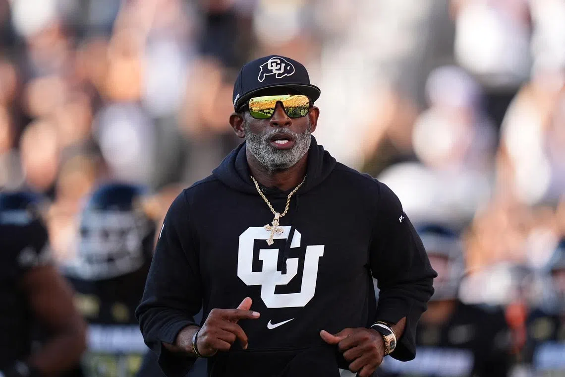 Aug 29, 2024; Boulder, Colorado, USA; Colorado Buffaloes head coach Deion Sanders runs onto the field before the game against the North Dakota State Bison at Folsom Field. Mandatory Credit: Ron Chenoy-USA TODAY Sports/ File Photo