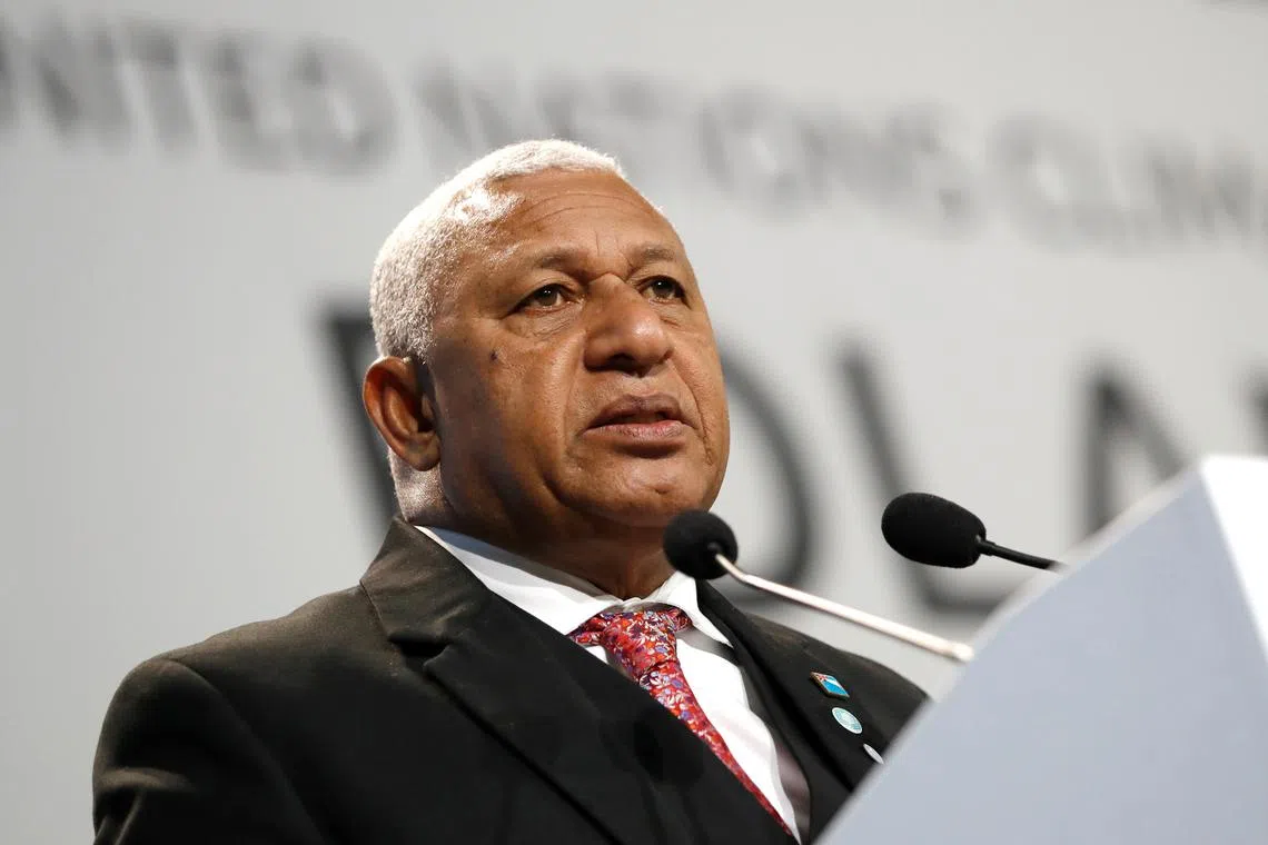 FILE PHOTO: Prime Minister of Fiji and COP 23 President Frank Bainimarama speaks during the COP24 UN Climate Change Conference 2018 in Katowice, Poland December 3, 2018. REUTERS/Kacper Pempel/File Photo