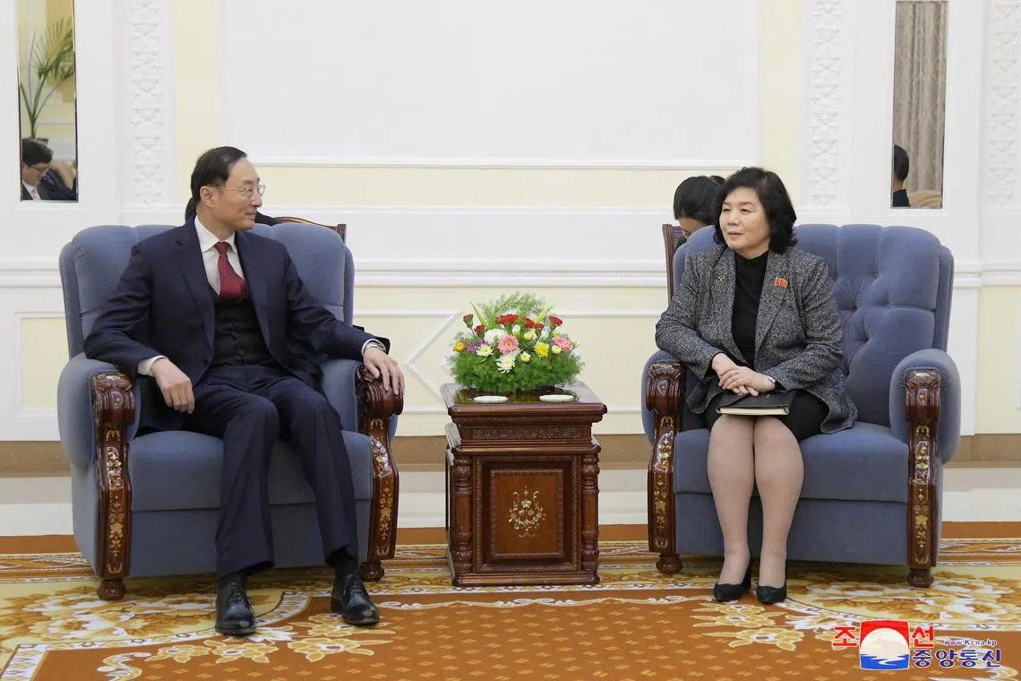 Chinese Foreign Vice Minister Sun Weidong (left) and North Korean Foreign Minister Choe Son Hui meet at an unspecified location in North Korea, on Jan 26.