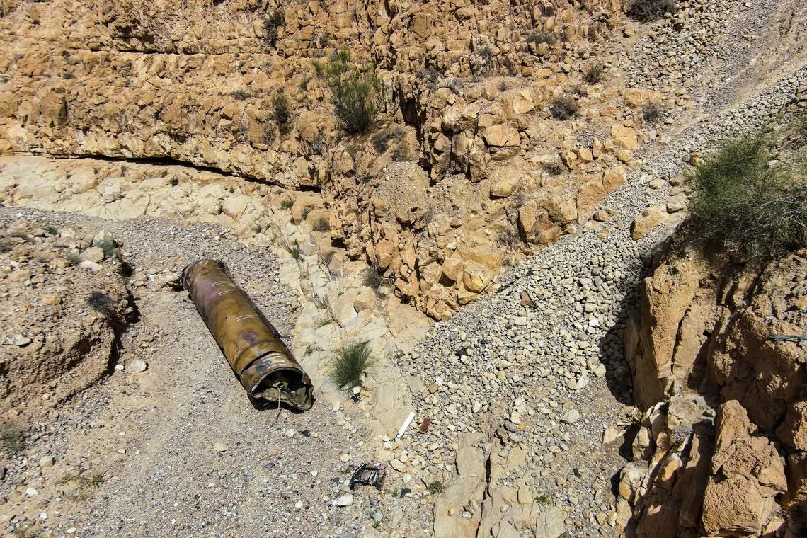 FILE PHOTO: A drone view of the apparent remains of a ballistic missile, as it lies in the desert following a massive missile and drone attack by Iran on Israel, near the southern city of Arad, Israel April 24, 2024 REUTERS/Yair Palti/File Photo