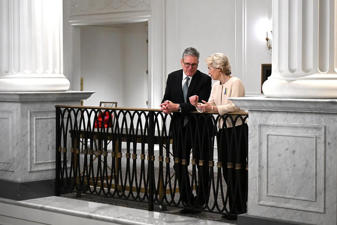 President of the European Commission Ursula von der Leyen speaks with British Prime Minister Keir Starmer in New York on Sept 25.